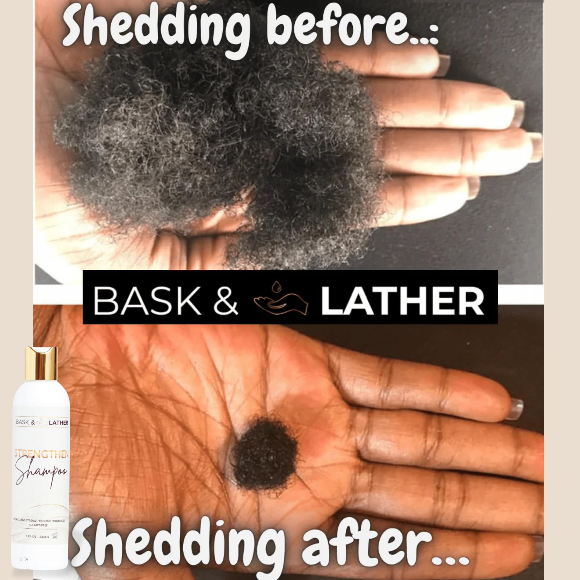 BASK & LATHER Strengthen Shampoo label close-up showing pH-balanced cleansing.