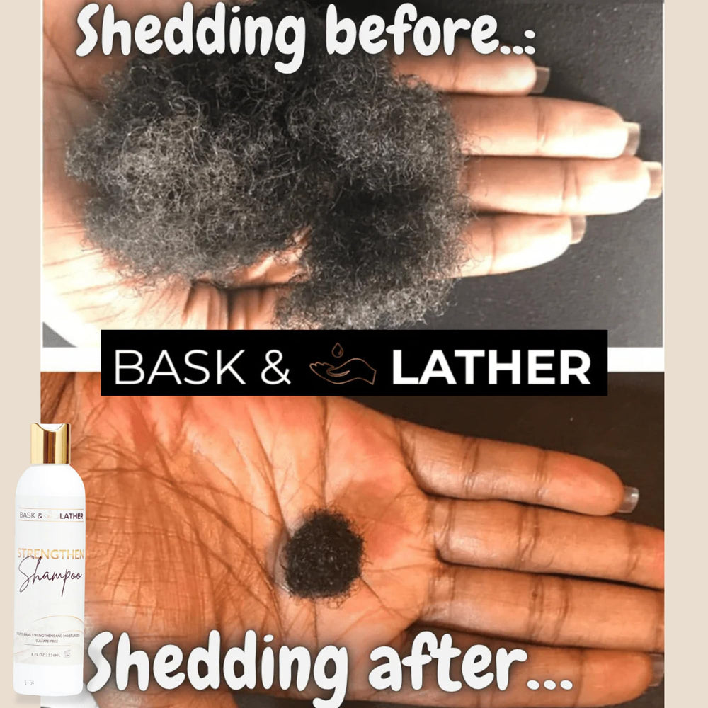 BASK & LATHER Strengthen Shampoo label close-up showing pH-balanced cleansing.