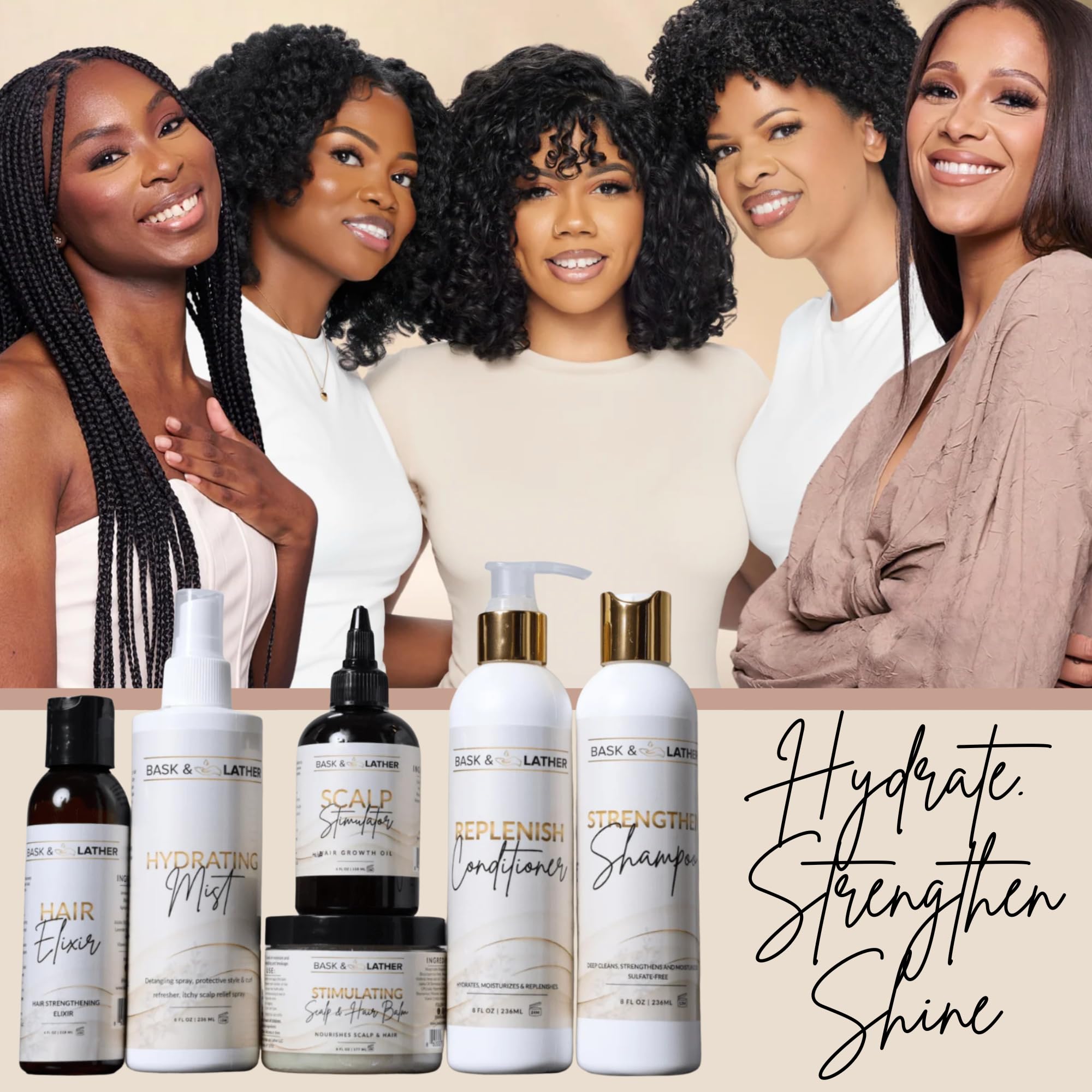 BASK & LATHER Strengthen Shampoo 8oz bottle on bathroom counter for daily use.