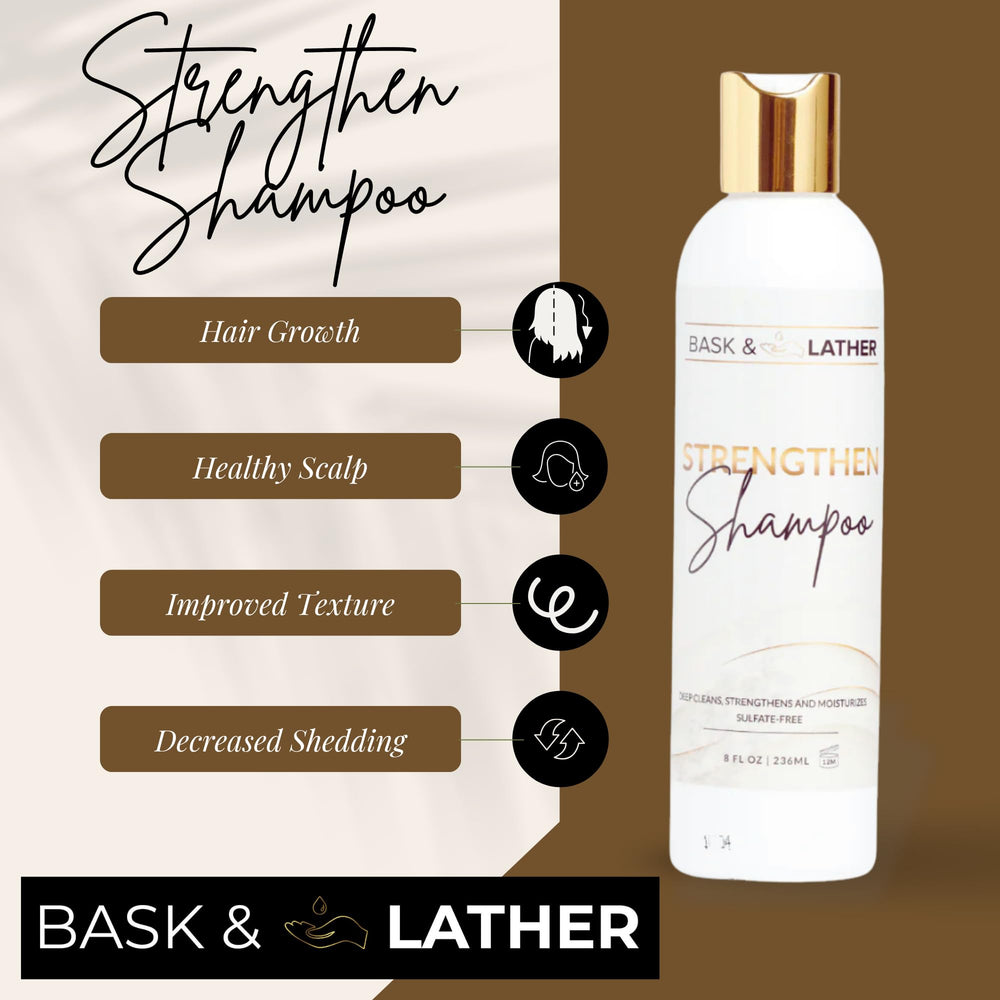 BASK & LATHER Strengthen Shampoo being massaged into wet scalp for gentle cleansing.