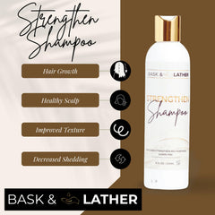 BASK & LATHER Strengthen Shampoo being massaged into wet scalp for gentle cleansing.