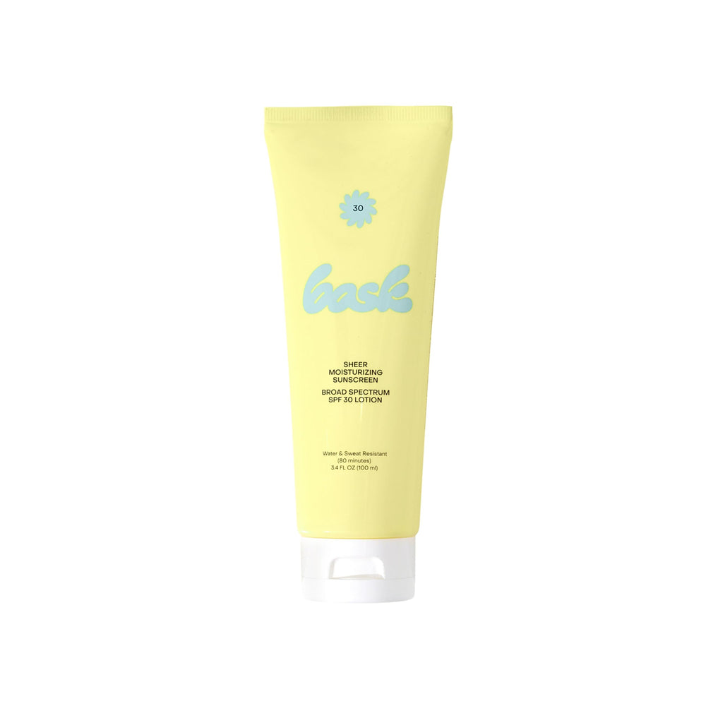 Bask Suncare SPF 30 bottle pour shows a quick, lightweight protection for daily sun