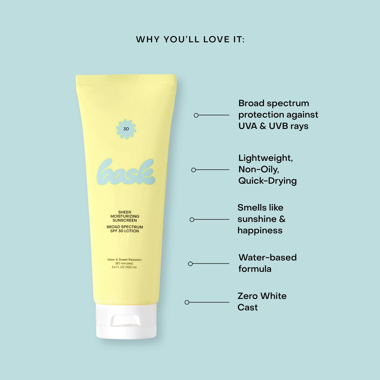 Bask Suncare SPF 30 easy spread highlights even coverage without white cast