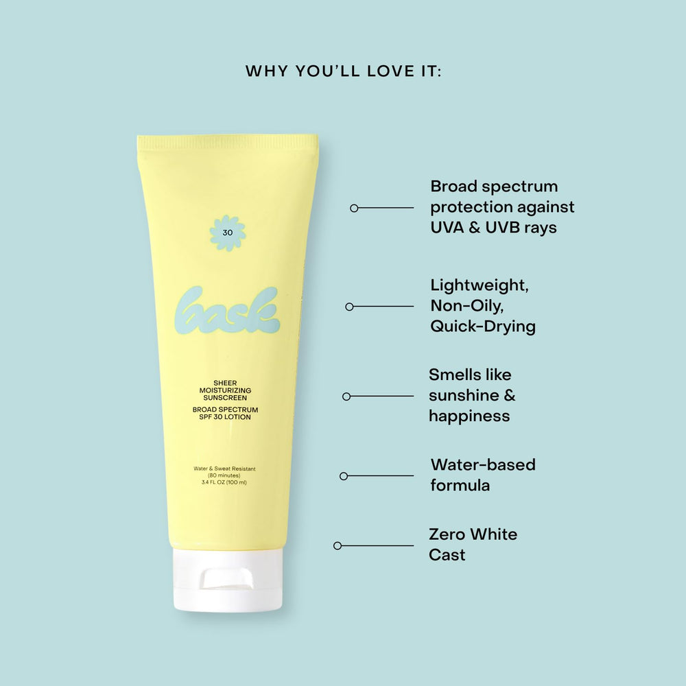 Bask Suncare SPF 30 easy spread highlights even coverage without white cast