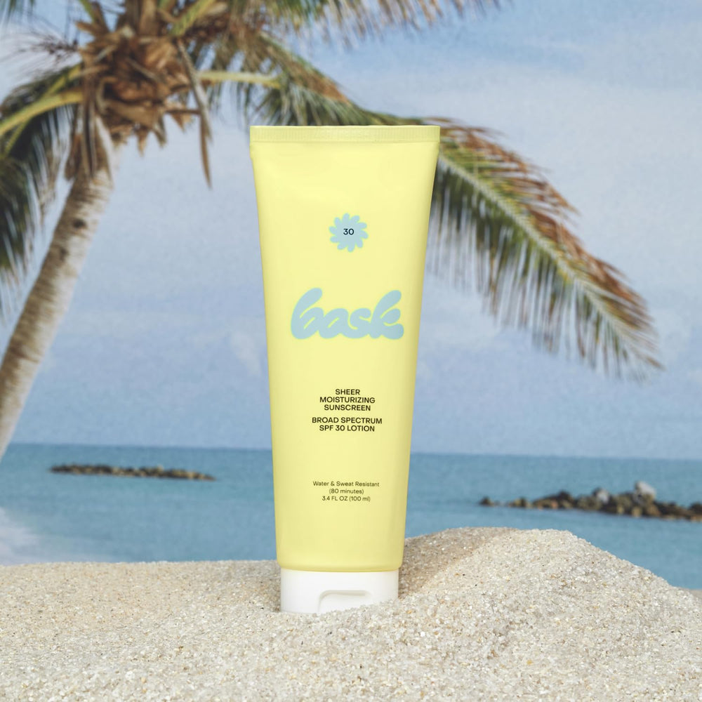 Bask Suncare SPF 30 sheer texture demonstrates rub-in and non sticky feel