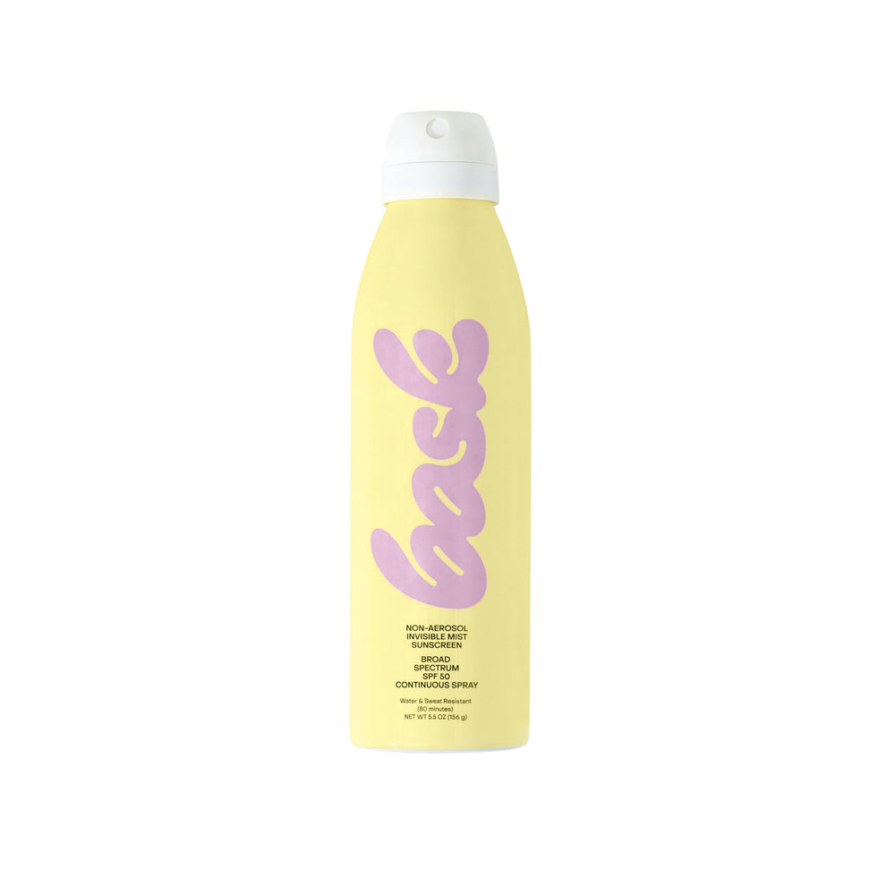 Bask Suncare SPF 50 spray bottle shows easy non-aerosol application.