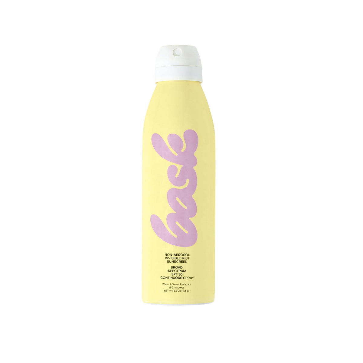 Bask Suncare SPF 50 spray bottle shows easy non-aerosol application.
