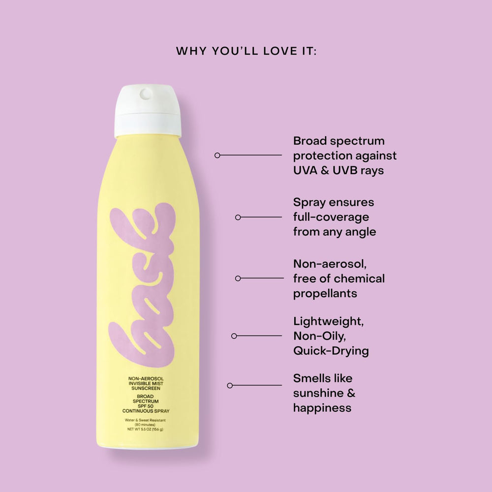 Bask Suncare SPF 50 vanilla coconut scent evokes vacation vibes.