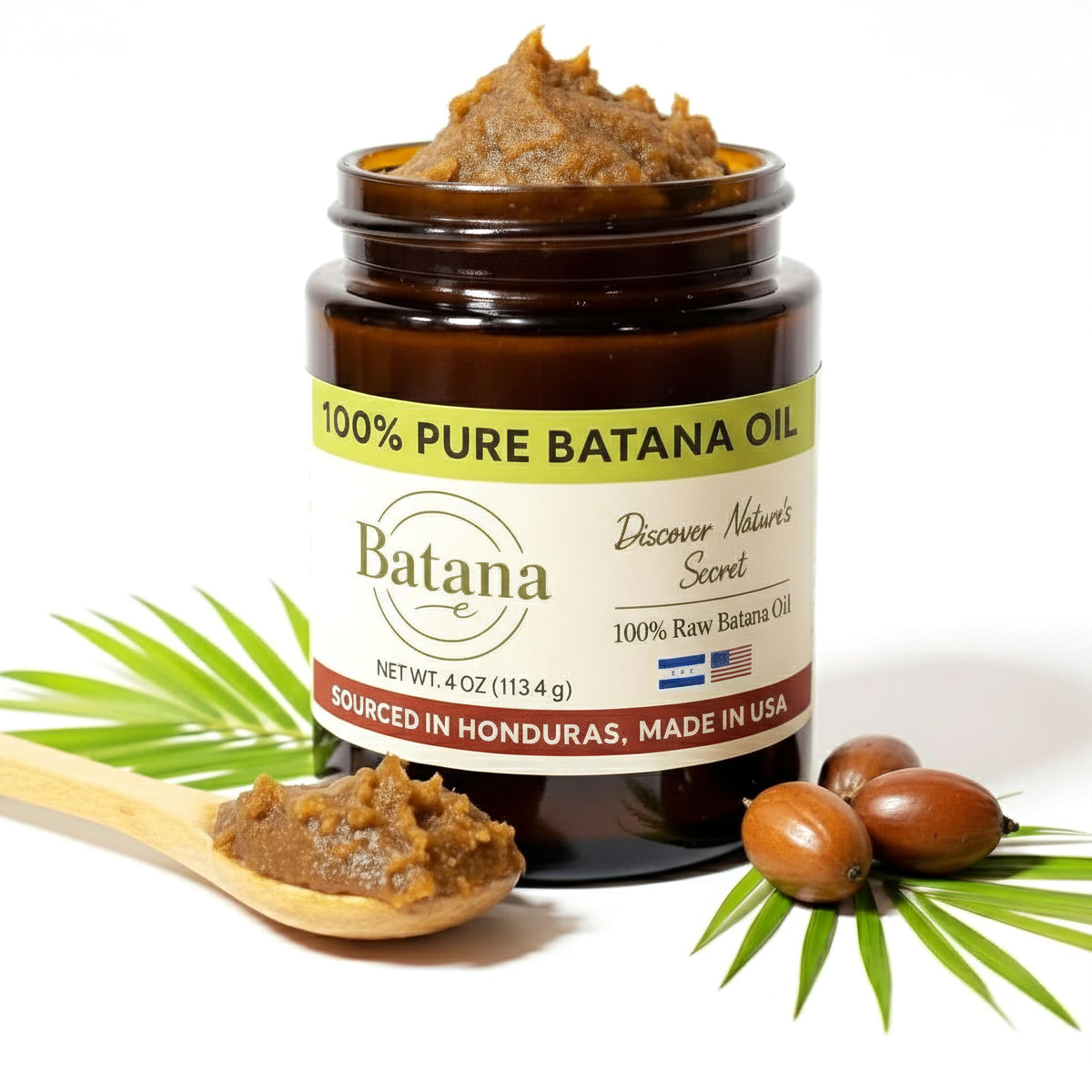 BatanaCo huile brute dans bouteille ambrée pour application ciblée sur cuir chevelu.