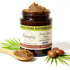 BatanaCo huile brute dans bouteille ambrée pour application ciblée sur cuir chevelu.