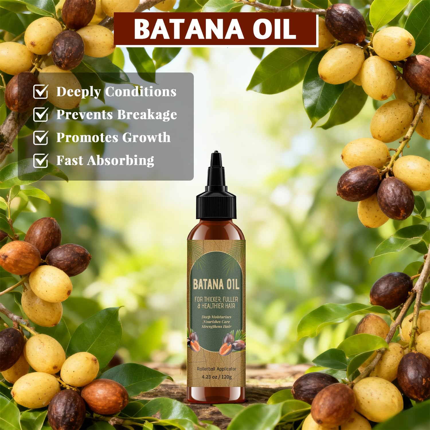 Batana Oil – Application roll-on ciblant le cuir chevelu et les racines.