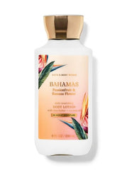 Bath and Body Works Bahamas Passionfruit and Banana Flower lotion bottle on a shelf provides daily hydration.