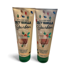 Crème pour le corps Bath & Body Works Cozy Vanilla Bourbon, illustration bouteille, parfum réconfortant et chaleureux.