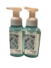 Bath & Body Works Gentle Foaming Hand Soap Frozen Lake bottle pour showing rich foam for clean hands.