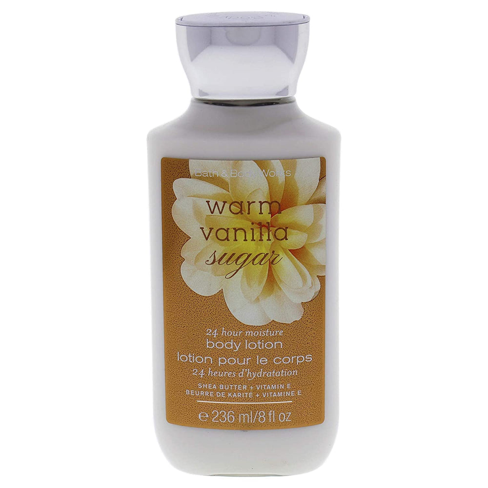 Lotion Bath & Body Works Shea & Vitamin E, flacon vanille chaude, hydratation durable.