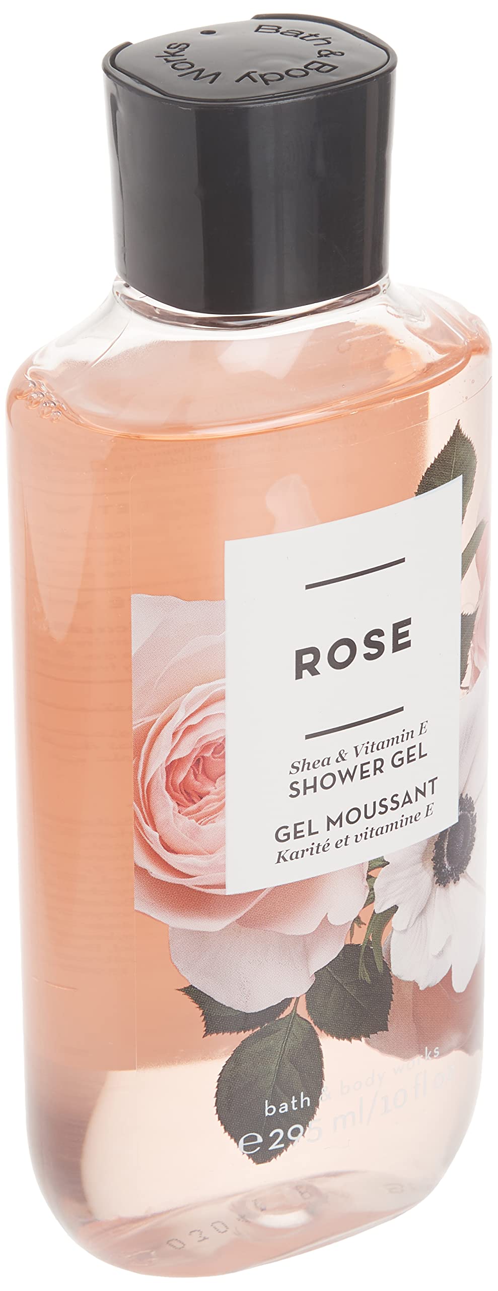 Bath & Body Works Rose Shea & Vitamin E Shower Gel bottle highlights rosewater for gentle cleansing.