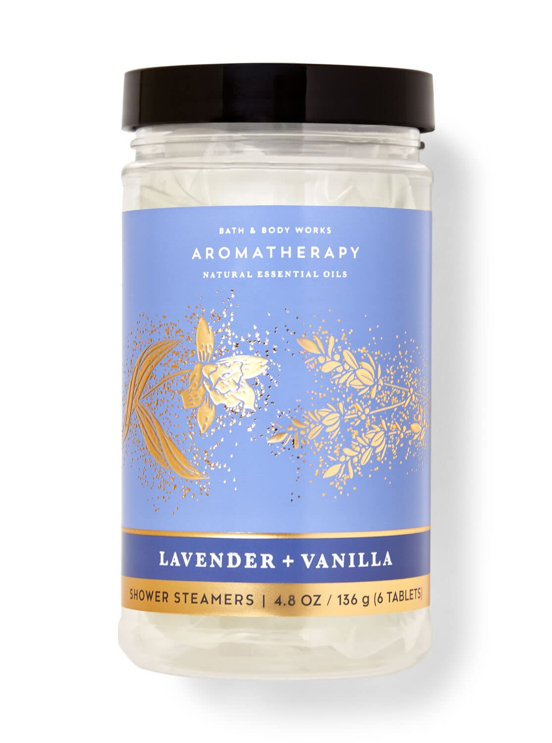 Bath Body Works shower steamer bottle with lavender-vanilla scent for a refreshing morning.