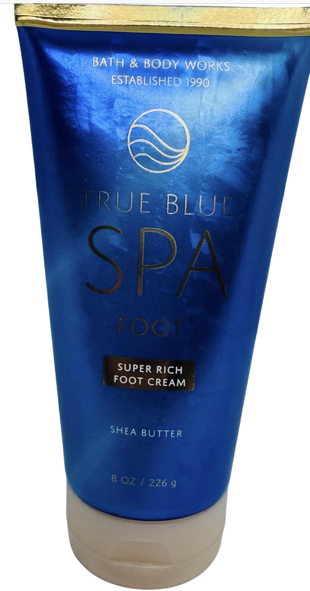 Packaging variation of Bath and Body Works True Blue Spa foot cream.