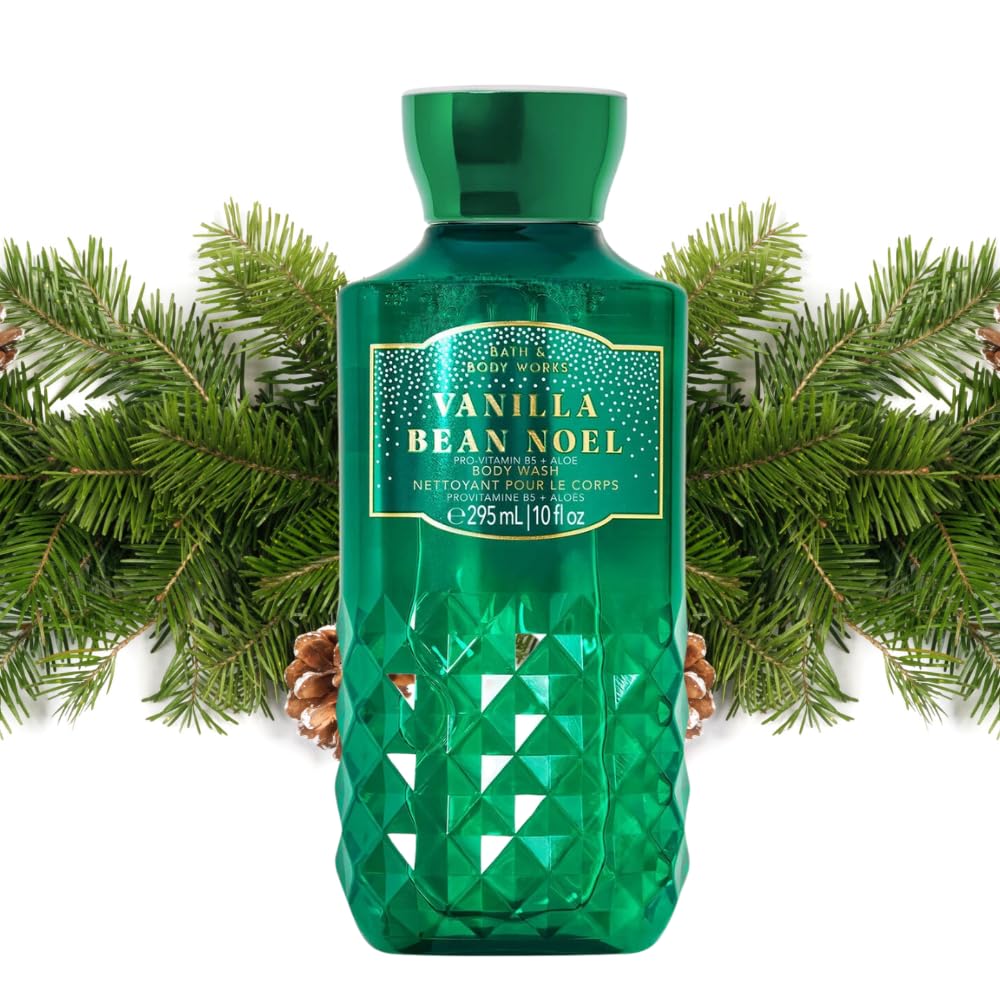 Étiquette Vanilla Bean Noel sur le gel douche Bath & Body Works, parfum réconfortant.