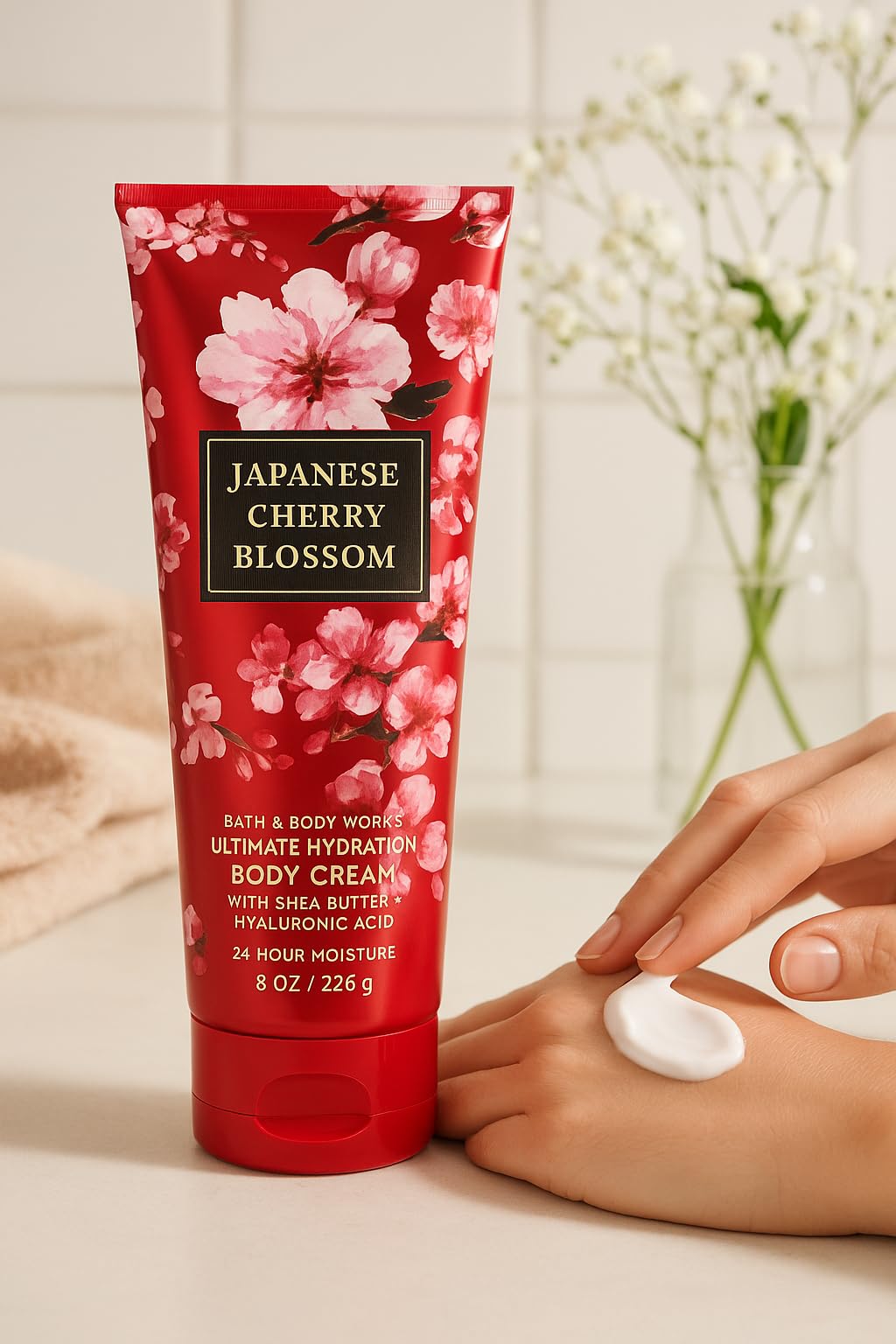 Bath & Body Works Japanese Cherry Blossom – texture rapide et absorption facile sur peau sèche.