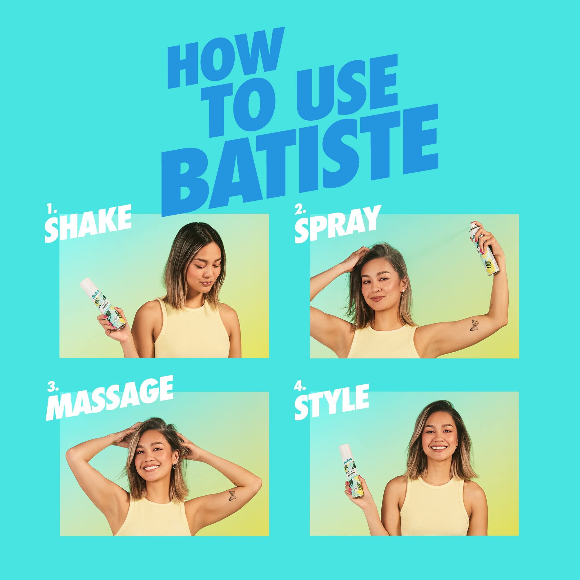 Batiste Shampoing sec frais, notes de parfum léger et agréable.