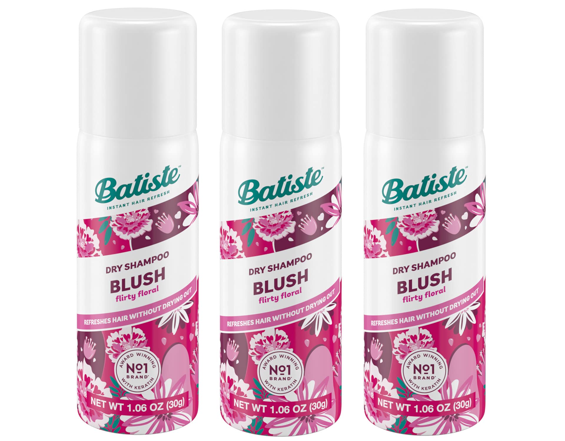 Batiste Shampoing Sec Floral et Fruité Blush en pack de 3, prêt à l'emploi.