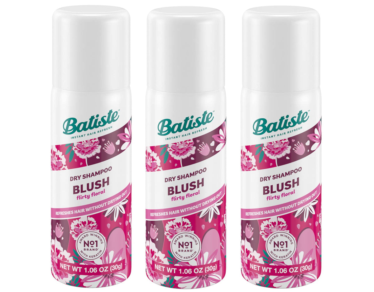 Batiste Shampoing Sec Floral et Fruité Blush en pack de 3, prêt à l'emploi.