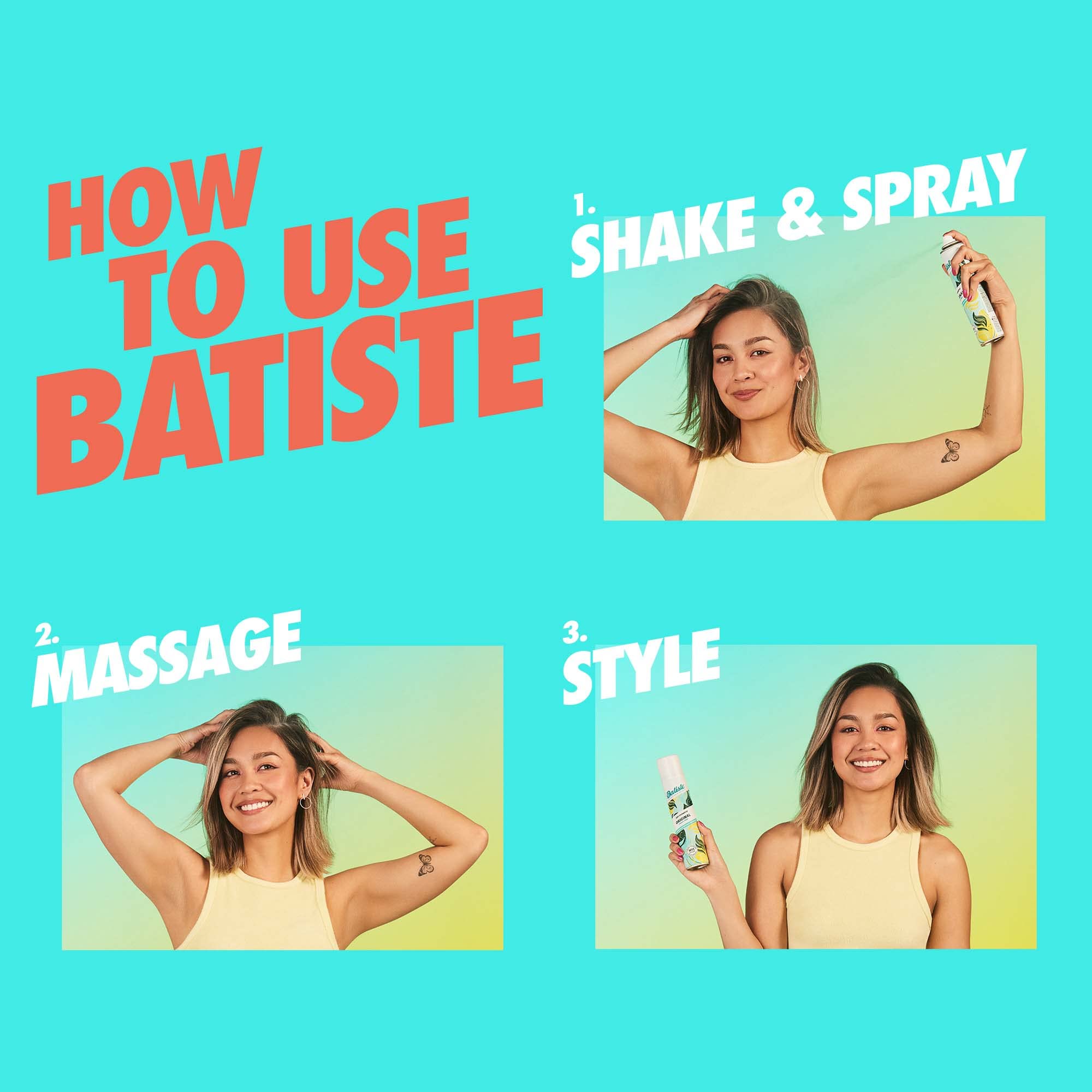Batiste Shampoing Sec Original — apres l'application, cheveux propres et légers.