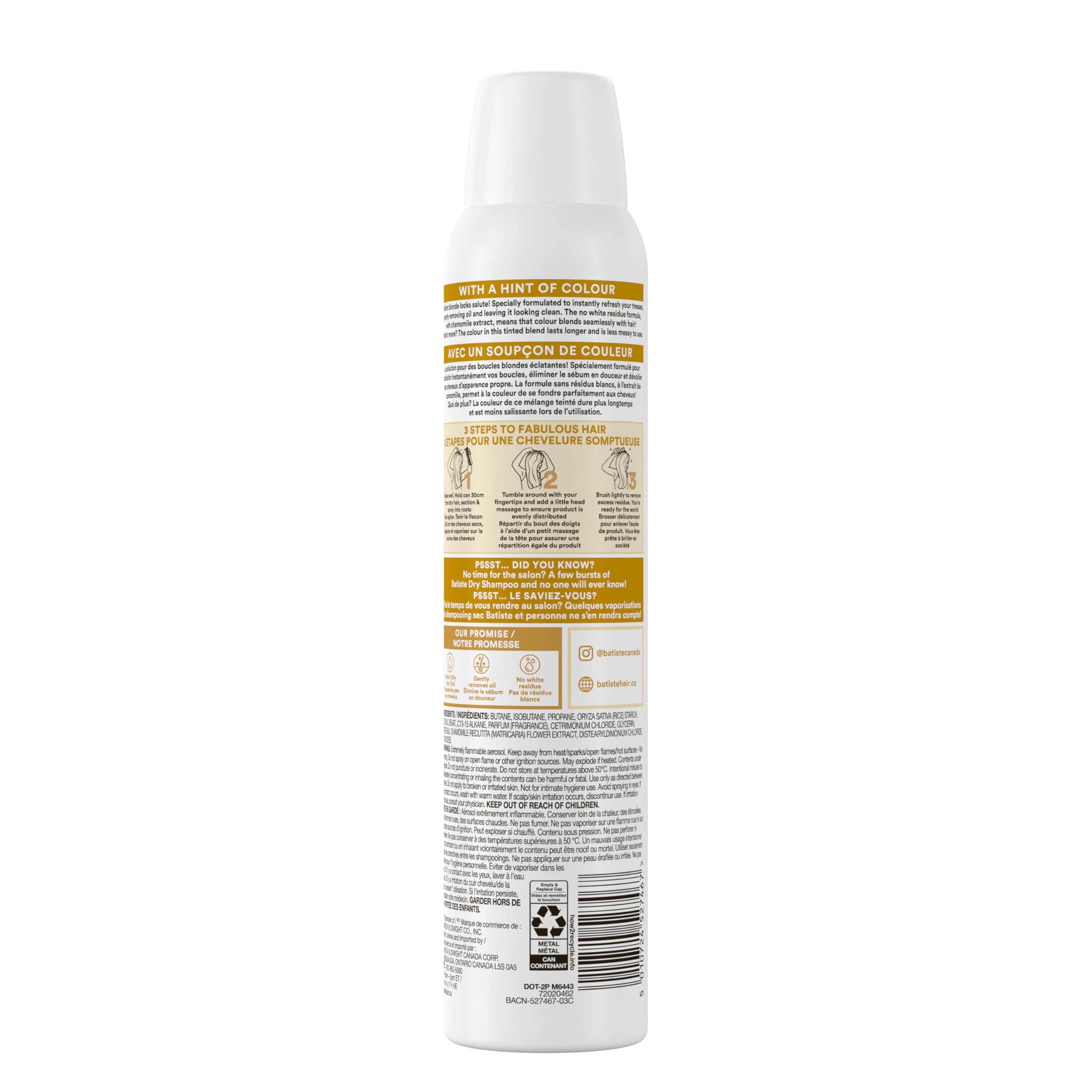 Batiste Shampooing Sec Brilliant Blonde — Texture revitalisée et look frais entre les lavages.