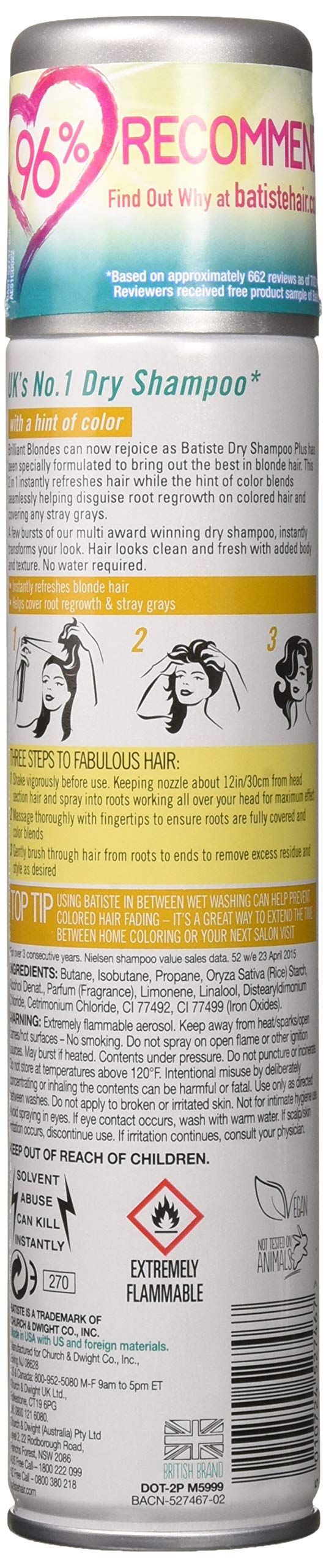 Batiste Shampooing Sec Plus Blond Brillant pulvérisation, application rapide pour rafraîchir les cheveux en déplacement.