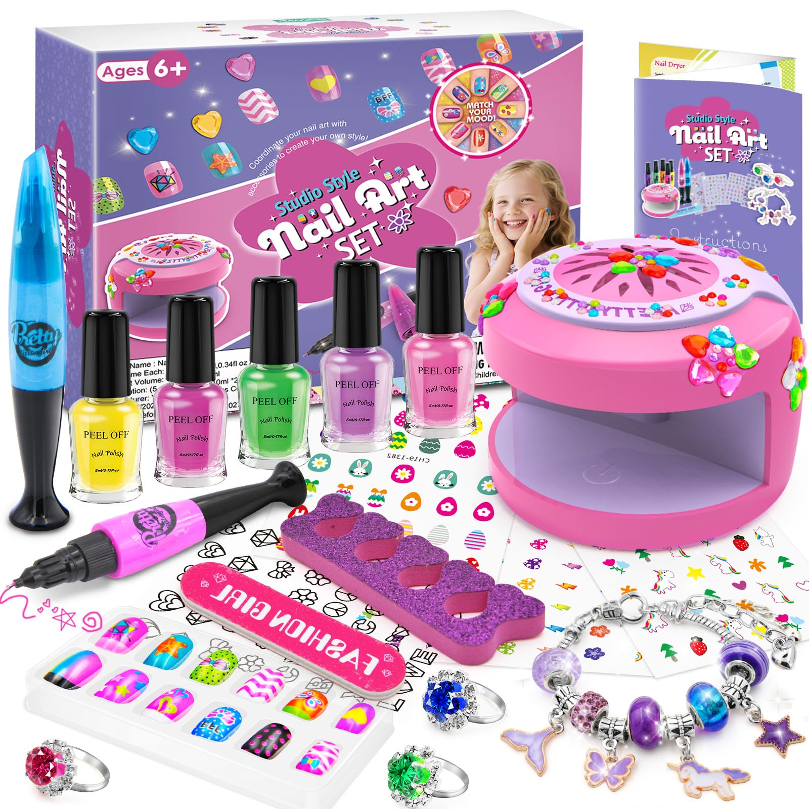 BATTOP Kids Nail Polish Set with Dryer dries nails in 15 seconds for quick playtime polish.