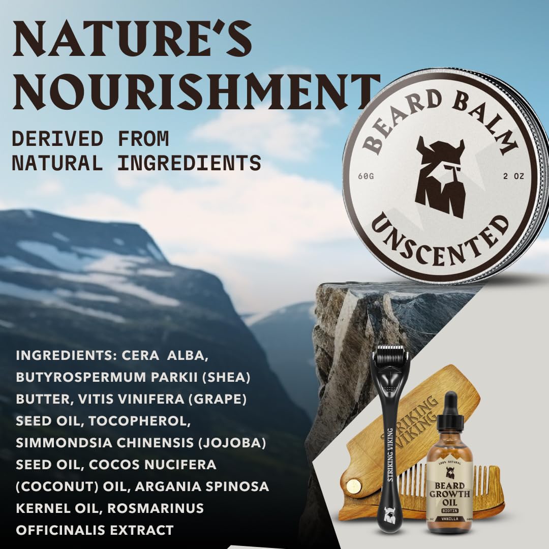 Baume Striking Viking enrichi en huile de jojoba pour une barbe souple.
