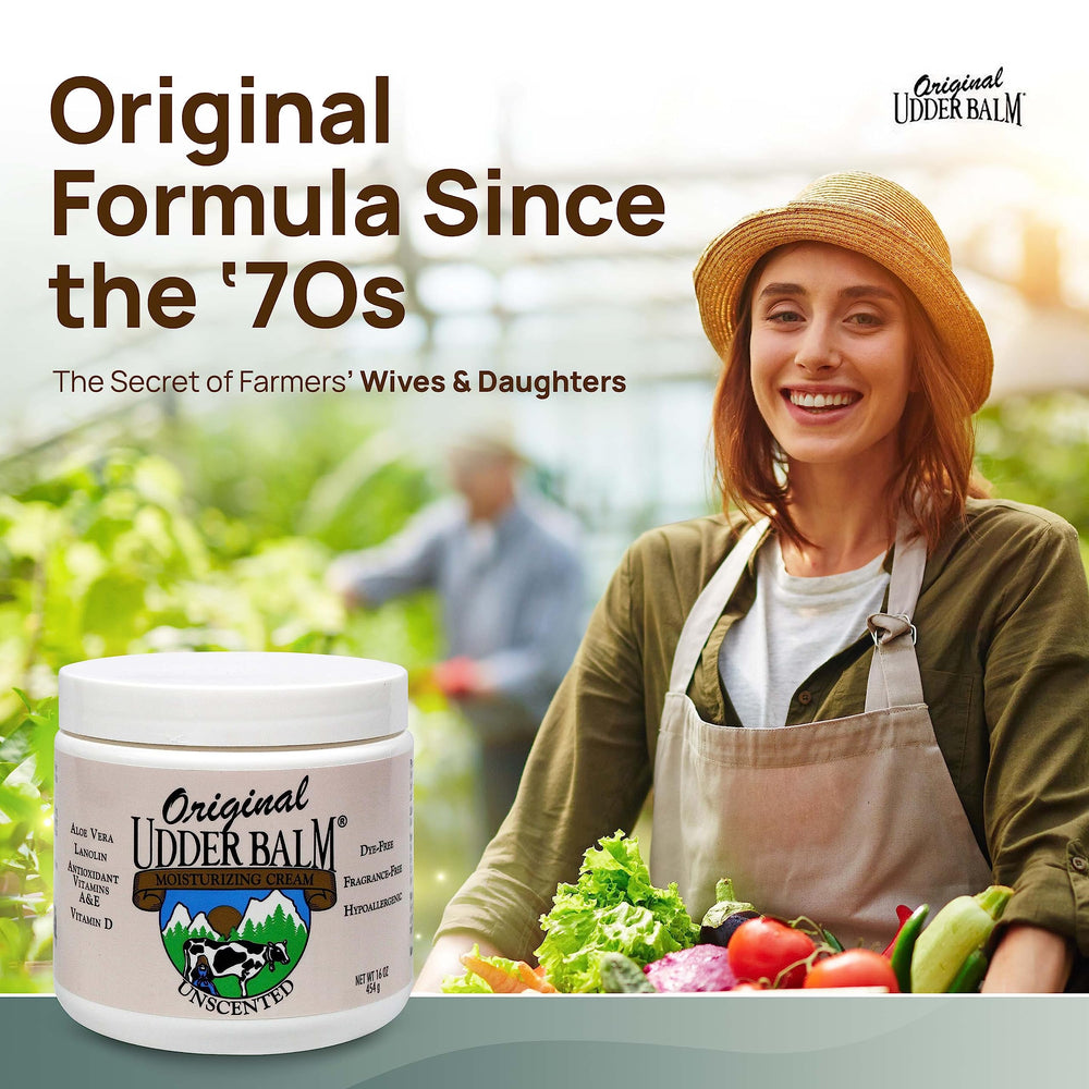 Original Udder Balm sur les mains sèches, absorption rapide sans résidu gras.