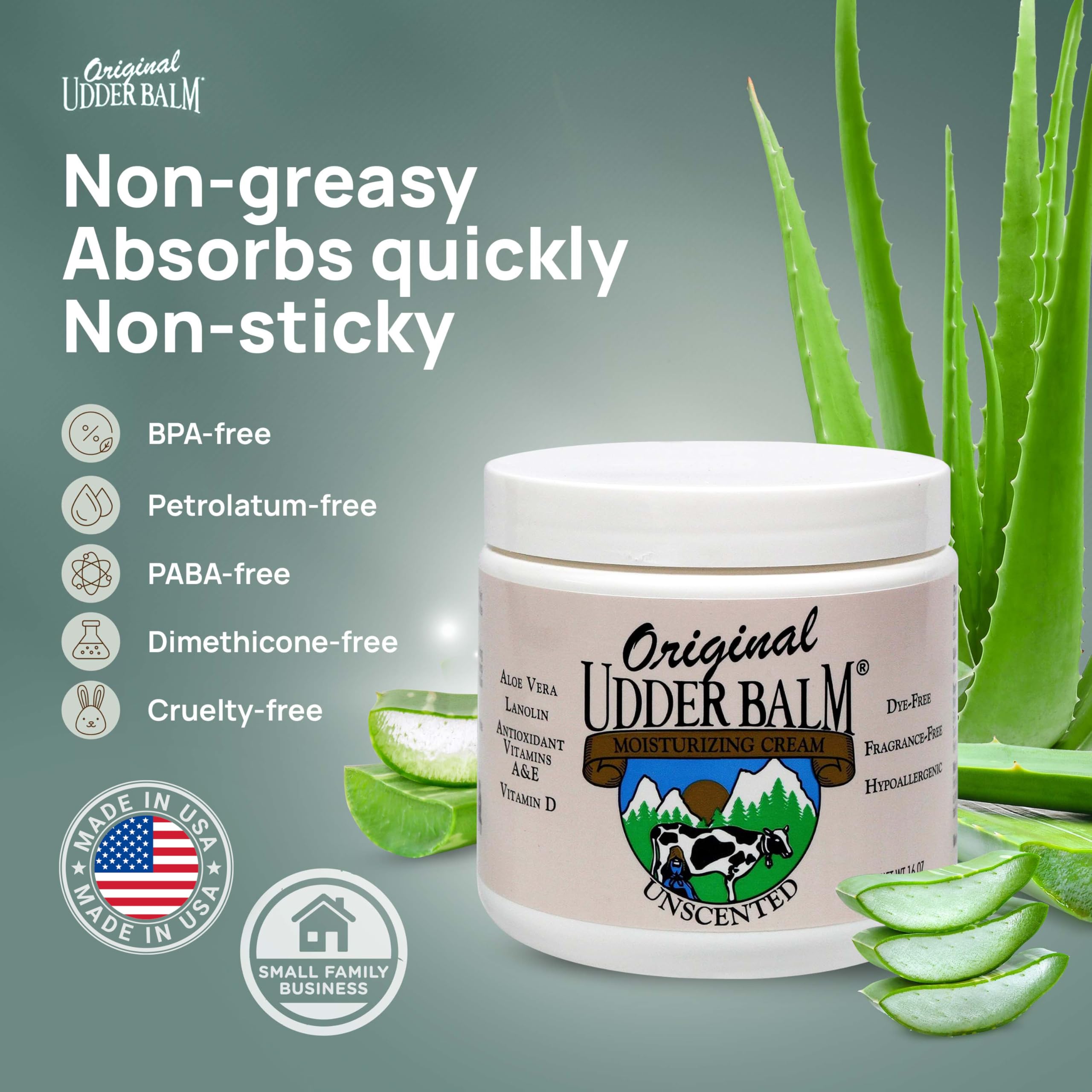 Original Udder Balm fabriqué aux États-Unis, produit de soin fiable pour peaux sèches.
