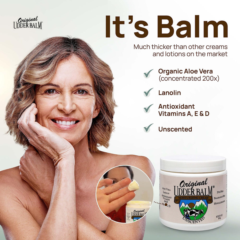Original Udder Balm usage quotidien, soin polyvalent pour mains, pieds et visage.