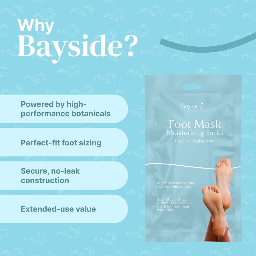 Bayside emballage et routine: masque-pied pour soin rapide.