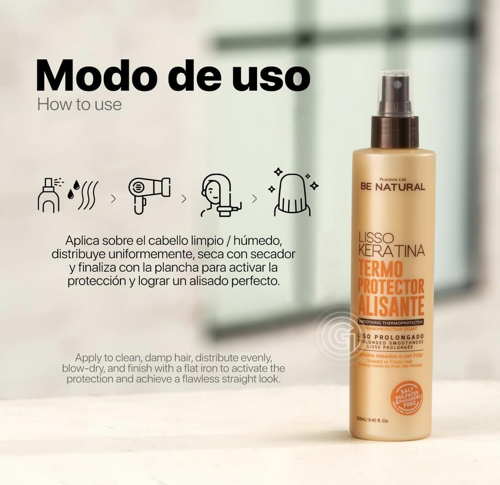 Be Natural Lisso Keratina, cheveux plus lisses et moins de frisottis après stylage.
