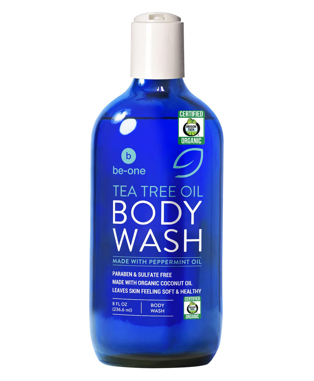 Be-One Organics gel-douche arbre-à-thé sur bouteille offre une propreté douce et rafraîchissante.