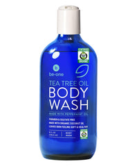 Be-One Organics gel-douche arbre-à-thé sur bouteille offre une propreté douce et rafraîchissante.