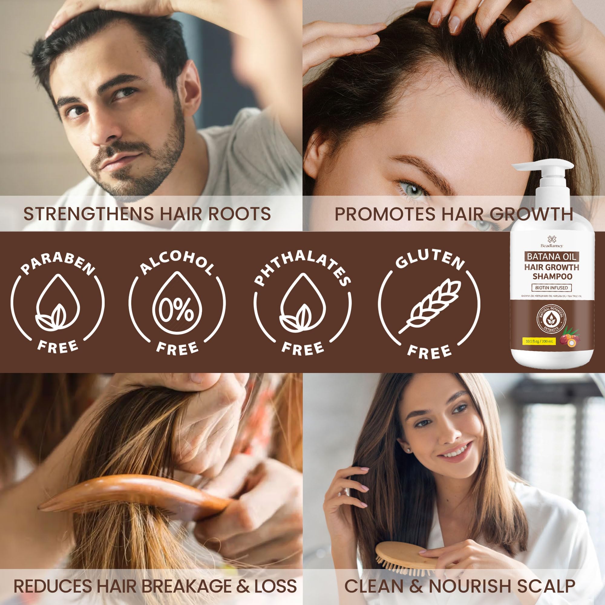 Beadlamey shampooing huile Batana hydratation douce pour cheveux fragiles.