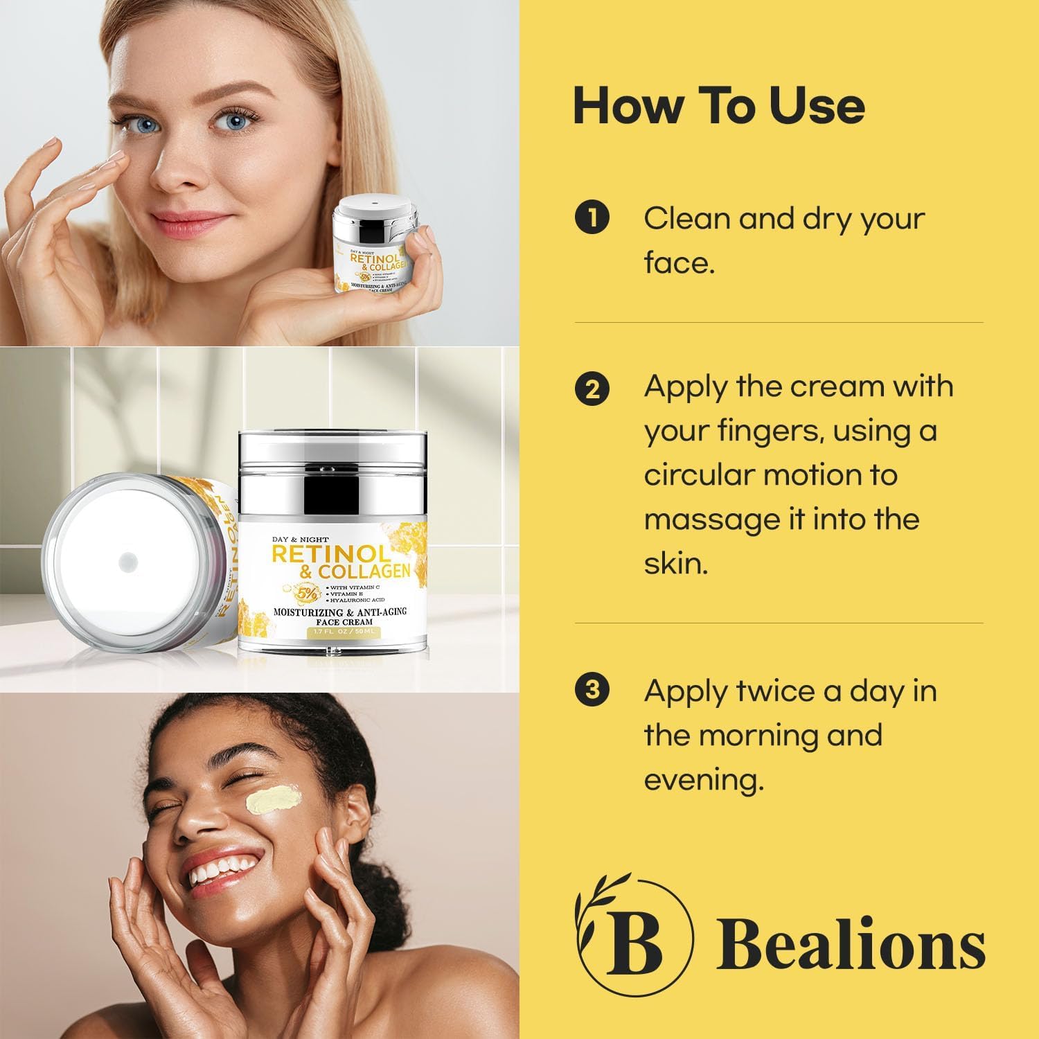 Bealions crème retinol lift visage jeunesse, apparence plus tonique.