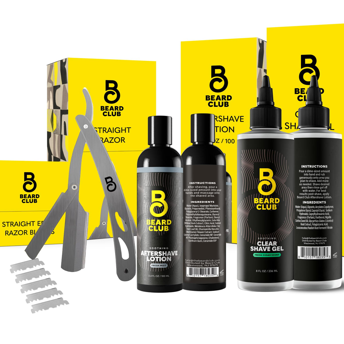Beard Club rasoir droit ensemble: vue globale du kit pour un rasage précis