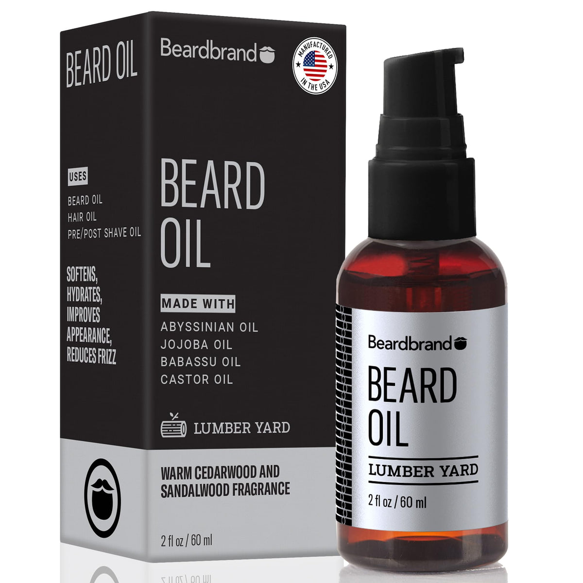 Beardbrand huile barbe bouteille jojoba — adoucit les poils les plus rêches.