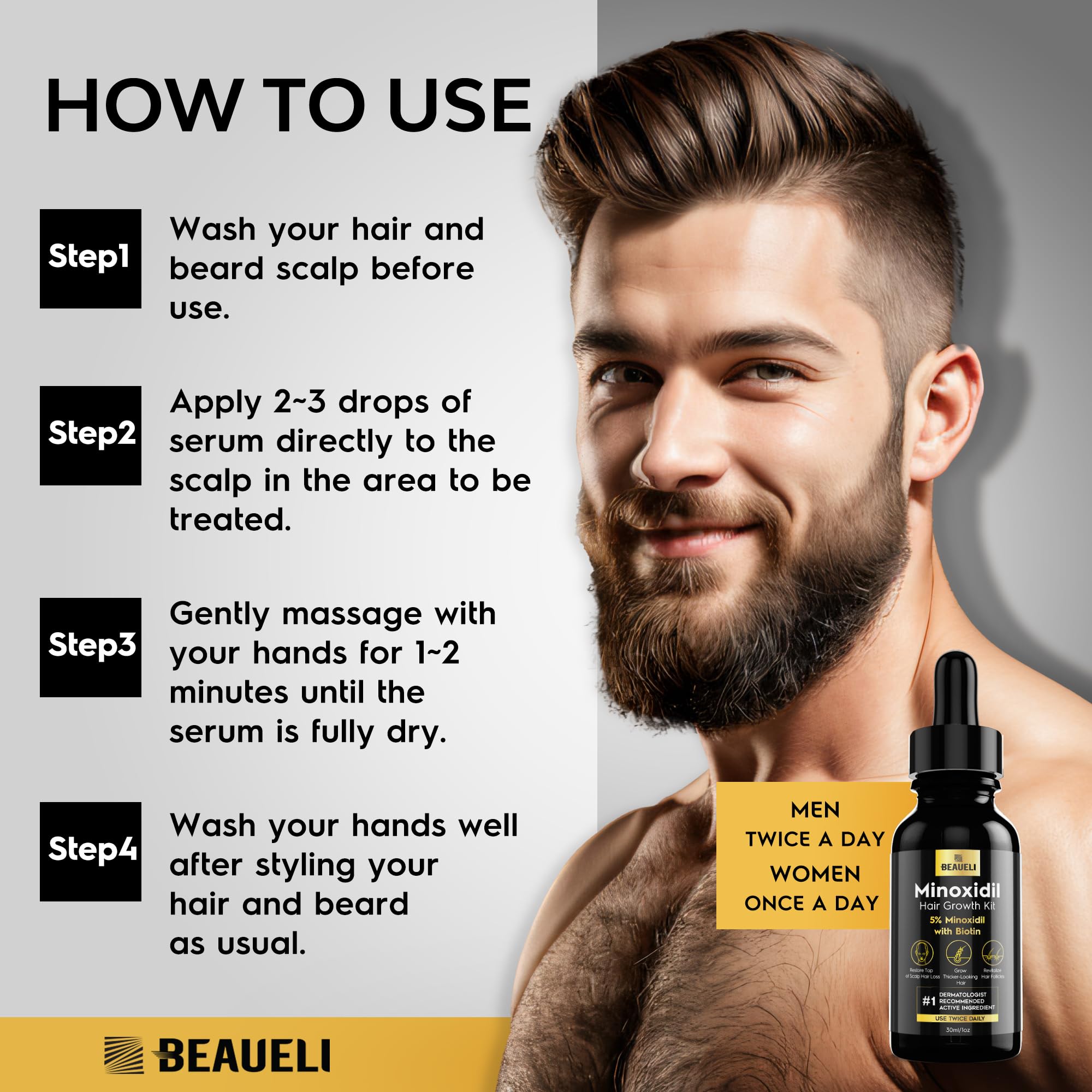 Beaueli Avant-Après Cheveux Barbe, aperçu des résultats potentiels.