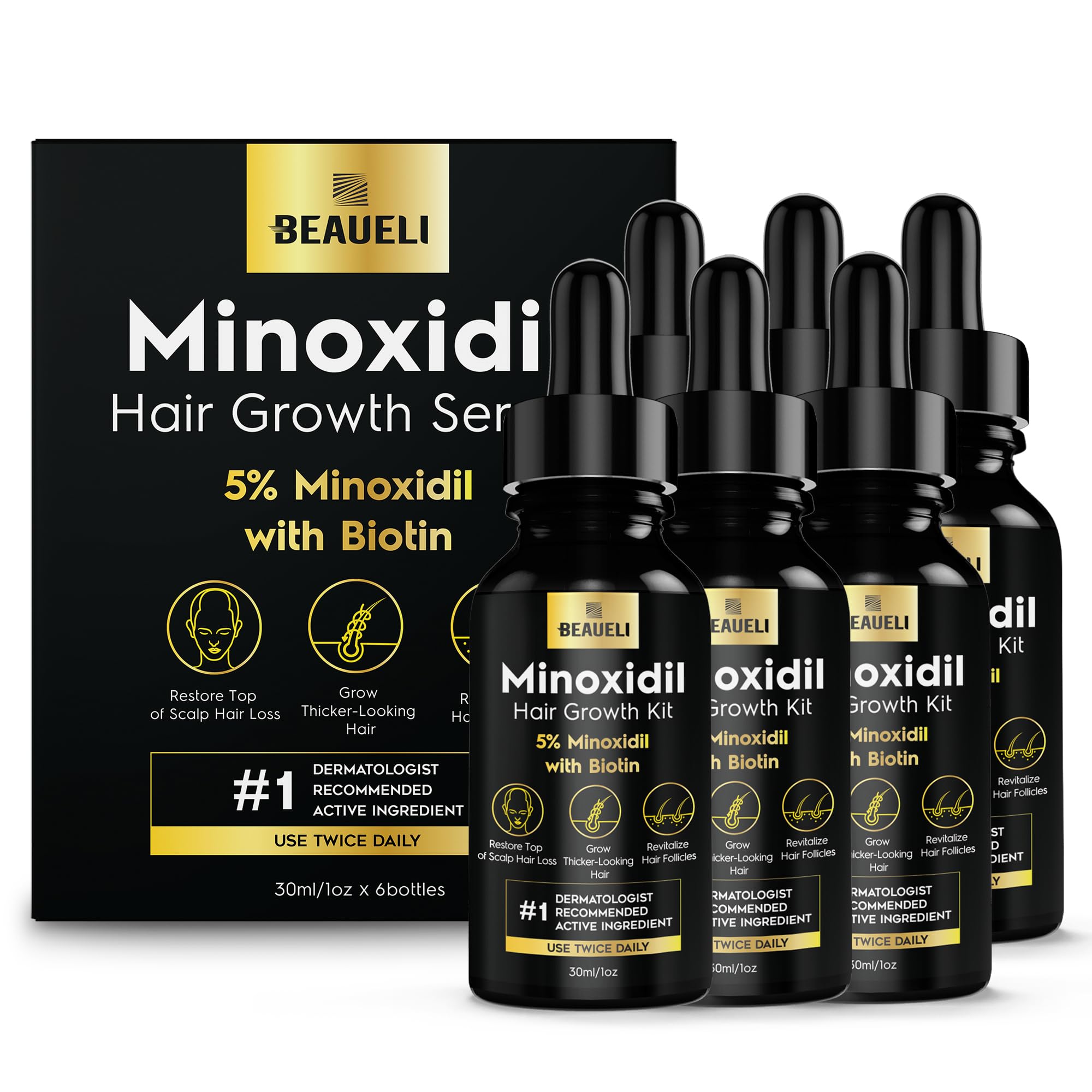 Beaueli Minoxidil 5% flacon 30 ml, application ciblée sur le cuir chevelu.