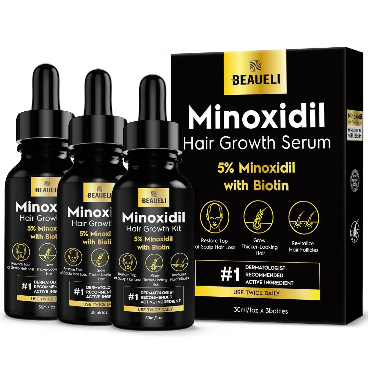 Beaueli Minoxidil 5% sans parfum, flacon prêt à l'usage pour cheveux plus denses.