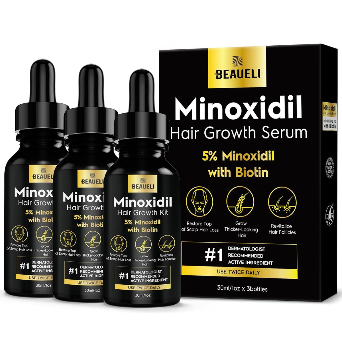 Beaueli Minoxidil 5% sans parfum, flacon prêt à l'usage pour cheveux plus denses.