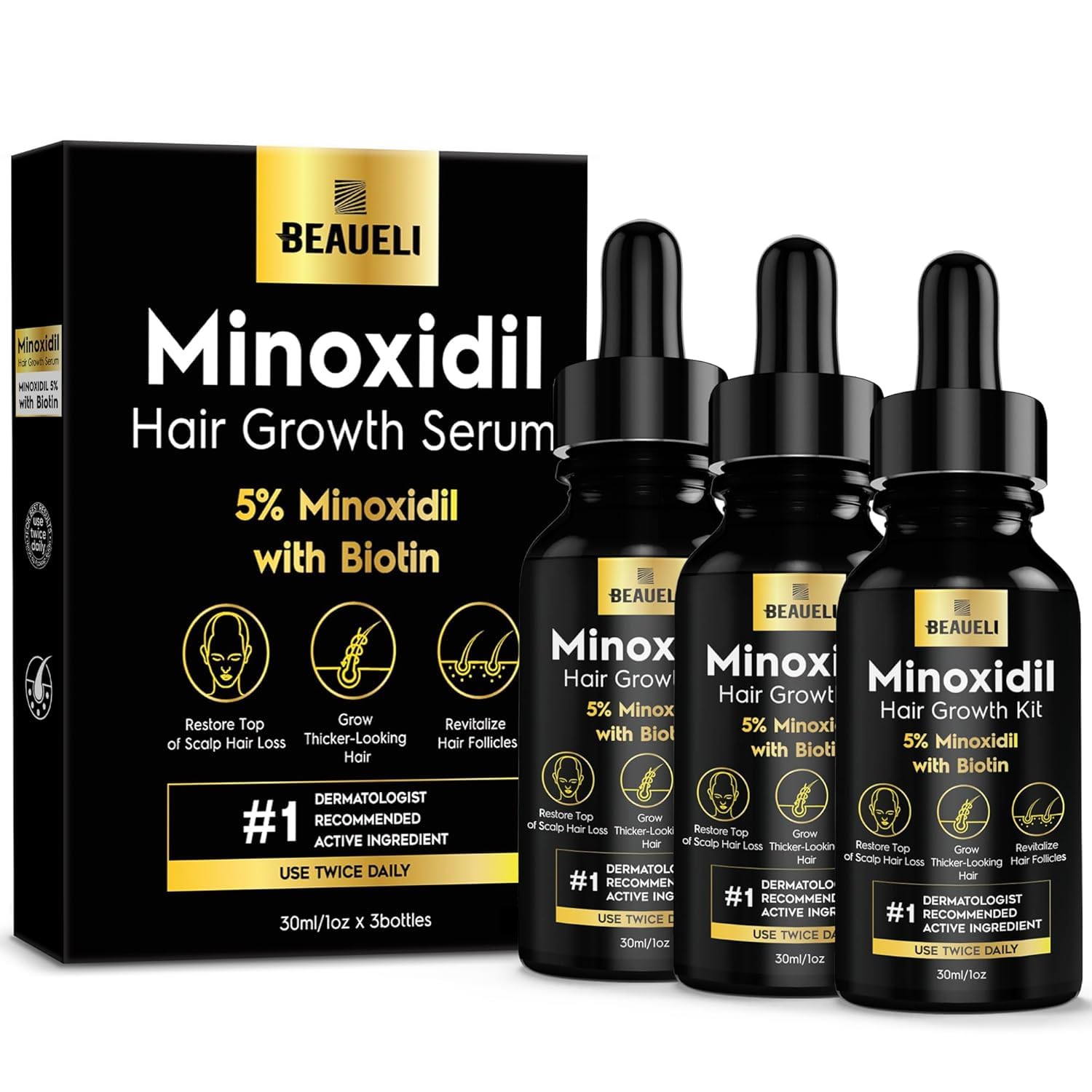 Beaueli Minoxidil 5% bouteille 30 ml – soutien potentiel à la densité capillaire.