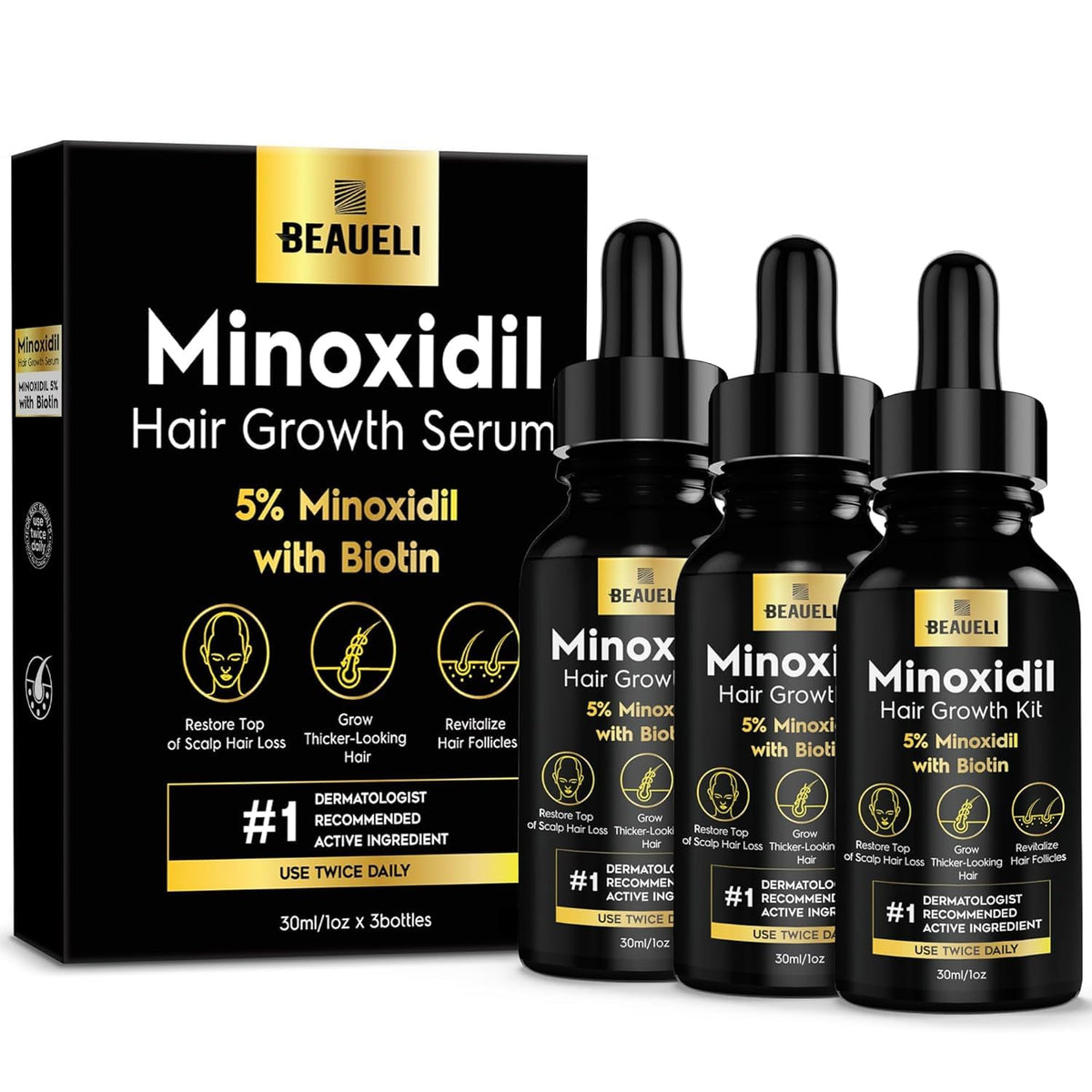 Beaueli Minoxidil 5% bouteille 30 ml – soutien potentiel à la densité capillaire.