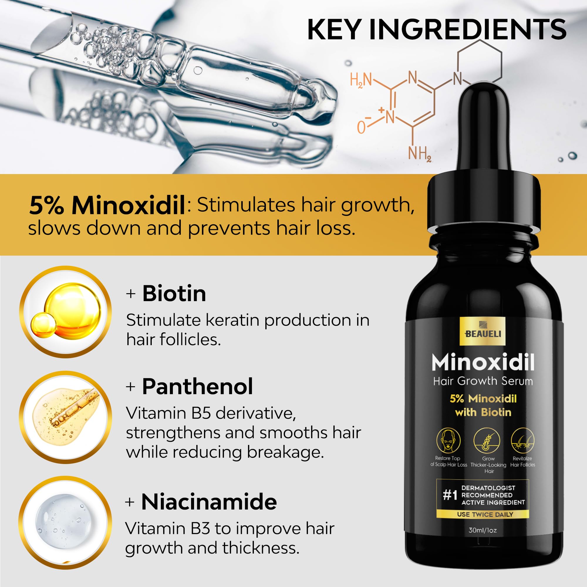 Beaueli Minoxidil, adapté pour hommes et femmes pour cheveux et barbe.